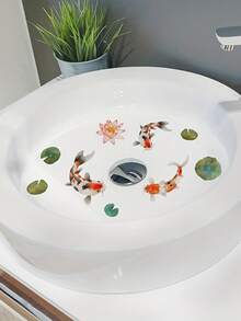 1pc Chinese-Style Koi And Lotus Flower Washbasin Sticker, Bathroom Basin Decoration Sticker, Creative Waterproof And Beautifying Washbasin Sticker - Multicolor - View 7