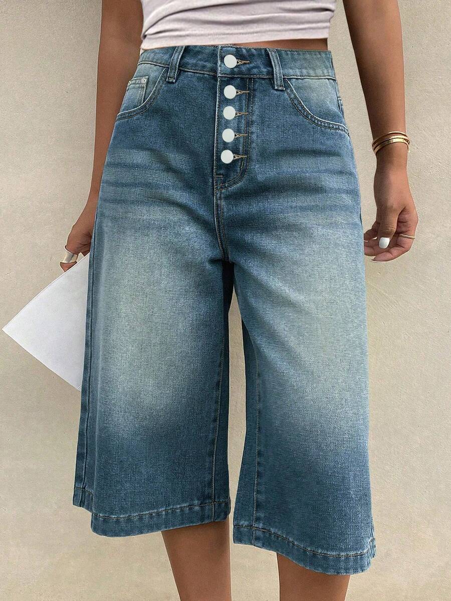 Jeans cortos de estilo retro azul con múltiples botones, pantalones vaqueros capri rectos y sueltos de estilo informal, estilo boyfriend, para verano - Azul - Ver 1