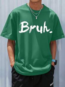 1pc Boys' Street Style "Bruh" Text Casual Short Sleeve T-Shirt, Essential For Daily Outings In Spring/Summer, Also Suitable For School Activities - Dark Green - View 7