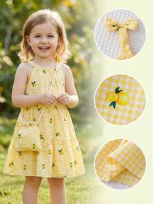 BASUSARRI 女童碎花拼接吊带公主裙配同款迷你包，可爱简约度假风 - 黃色 - 查看 5
