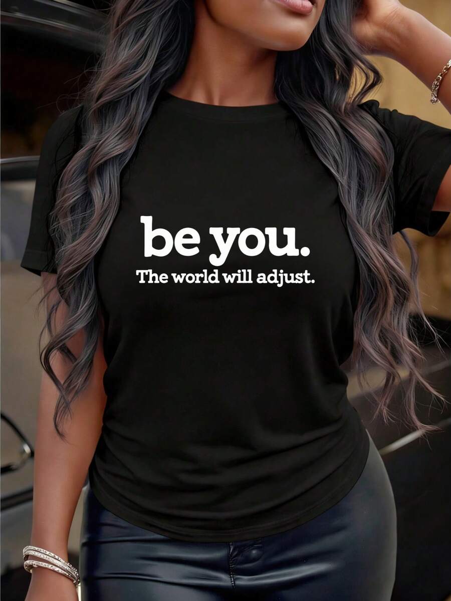 Round Neck Personalized And Interesting Print Be You The World Will Adjust Inspirational Quote T Shirt For Women Black Casual Crewneck Top Motivational Graphic Tee Suitable For Gifts - 白色 - 查看 1