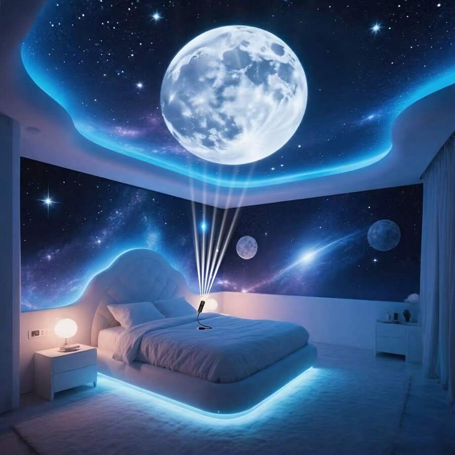 USB供电月球LED投影灯，3D星空夜灯 - 高亮度浪漫氛围装饰灯，360°旋转，便携式投影仪，适用于卧室天花板和拍照背景，创意礼品之选 - 黑色 - 查看 1