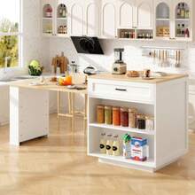 Mesa de bar extensible con almacenaje (133-202*70*93,5cm), con 2 cajones y 2 compartimentos, mesa extensible de isla de cocina para 2-6 personas, carrito de comedor de cocina con estantes laterales, color blanco - Blanco - Ver 1