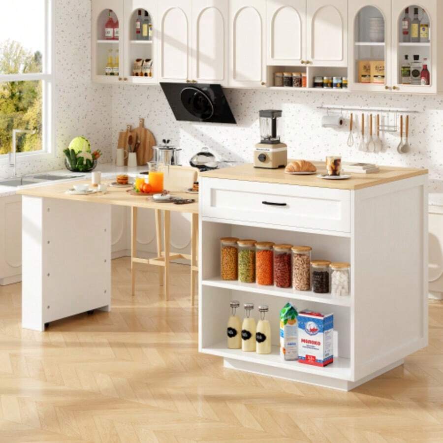 Mesa de bar extensible con almacenaje (133-202*70*93,5cm), con 2 cajones y 2 compartimentos, mesa extensible de isla de cocina para 2-6 personas, carrito de comedor de cocina con estantes laterales, color blanco - Blanco - Ver 1