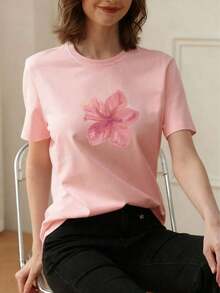 1pcs Plus Size Women's Loose Fit T-Shirt, Printed With Watercolor Pink Hibiscus Flowers, Perfect For Tropical Vacations, Beach Dates, Summer Parties - 粉色 - 查看 2