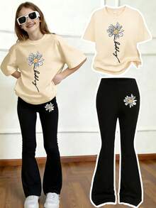2pcs/Set Baju Anak Perempuan Atasan Lengan Pendek Motif Bunga Kecil dan Celana Lebar, Pakaian Kasual Musim Panas yang Nyaman - Aprikot - View 2