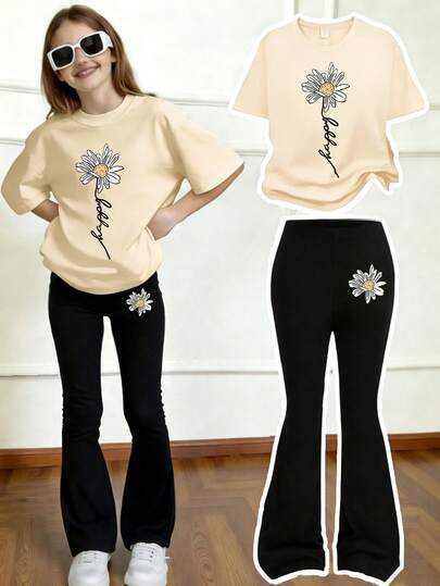 Set de 2 piezas con top de manga corta con estampado floral y pantalones acampanados para niñas, conjunto casual y cómodo de verano