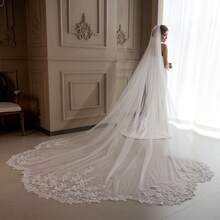 1pc Elegant Bridal Lace Veil With Ruffled Edges, Extra Large Trailing White Long Wedding Ceremony & Photo Shoot Accessory - Multicolor - View 8