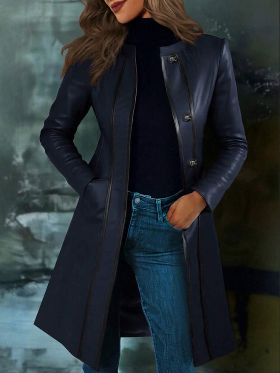 Jaket Kulit Wanita Vintage Warna Biru Tua dengan Kerah Kontras, Musim Semi/Gugur - Navy Blue - View 1