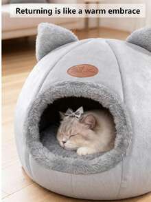 Casa para Gato/Cama para Gato, Cama para Gato em Formato de Cabeça de Gato Cinza, Adequada para Animais de Estimação Pequenos a Médios, Cama para Cachorro Estilo Caverna de Sono Semi-Fechada, Confortável, Quente, Antiderrapante, Adequada para Todas as Estações, Acessórios para Cachorro/Gato