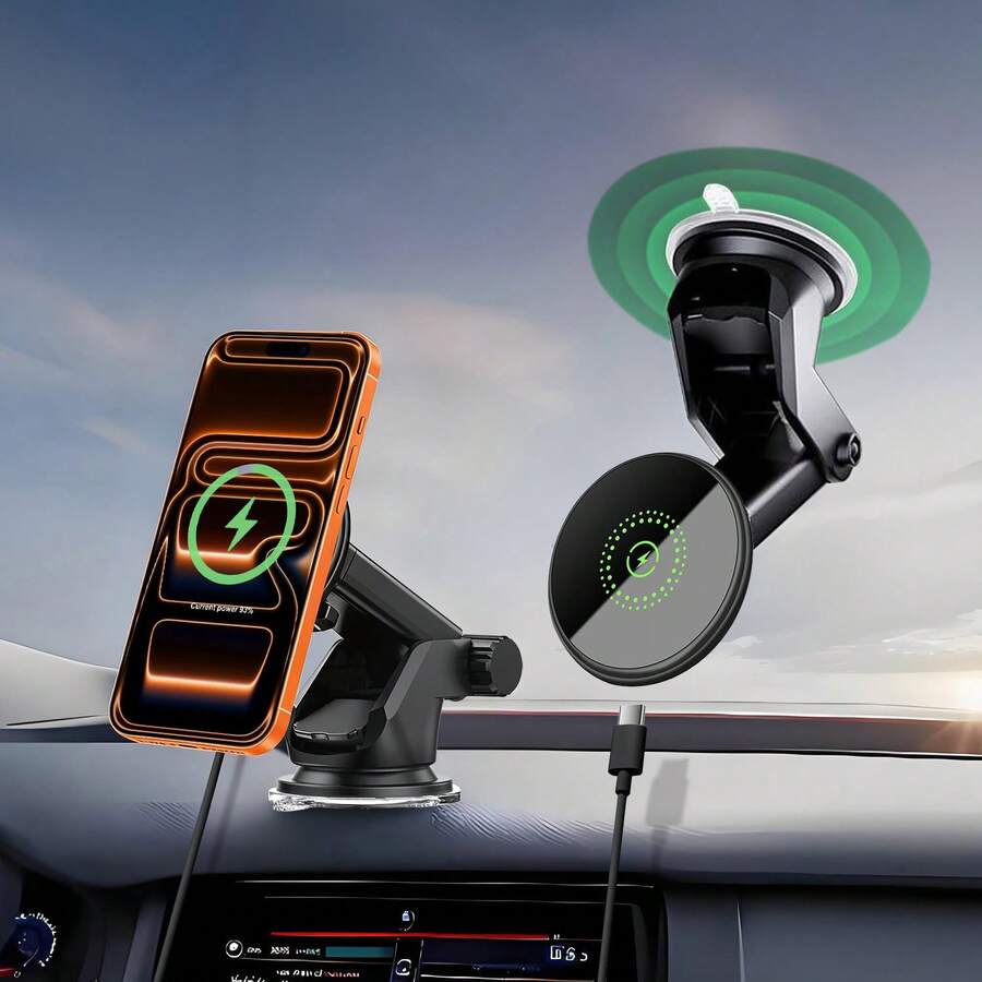 Magnetic Wireless Car Charger, 2 In 1 Fast Charging Magnetic Car Charger Mount Phone Holder Compatible With IPhone 17 16 15 14 13 12 Pro Max/Plus/Mini Car Accessories - one-size - View 1