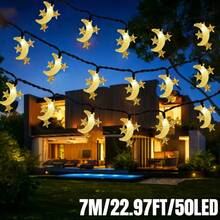 1 Stück Outdoor Solar betriebene Stern & Mond Lichterkette - 5m/7m/17m, 8 Beleuchtungsmodi, 20/50/100 LED Perlen, IP65 wasserdicht, Outdoor Feiertags Dekorative Beleuchtung, Mubarak Fairy Lights, geeignet für Garten, Hof, Pavillon, Terrasse, Veranda, Camping, Hochzeit, Party, Geburtstag, Eid Dekoration (Warmweiß/Weiß/Farbig) - Taubenblau - Übersicht 19