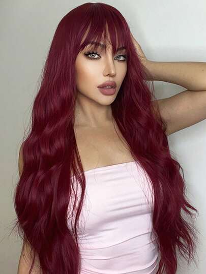 Tóc giả dài 26 inch màu đỏ tự nhiên, gợn sóng, có mái, làm từ sợi tổng hợp, màu đỏ rượu vang, phù hợp cho phụ nữ mặc hàng ngày khi đi dự tiệc.