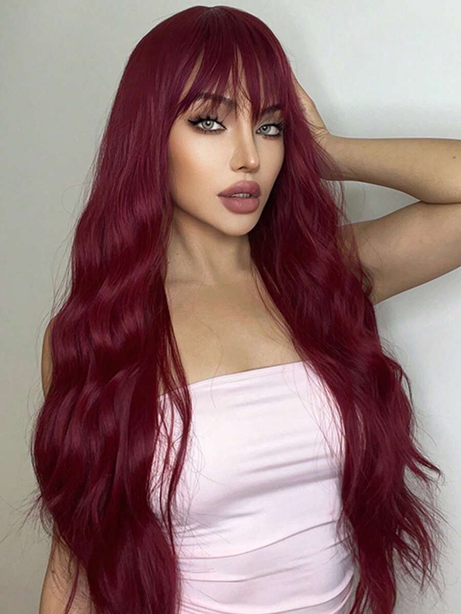 Tóc giả dài 26 inch màu đỏ tự nhiên, gợn sóng, có mái, làm từ sợi tổng hợp, màu đỏ rượu vang, phù hợp cho phụ nữ mặc hàng ngày khi đi dự tiệc. - Màu đỏ mâm xôi - Xem 1