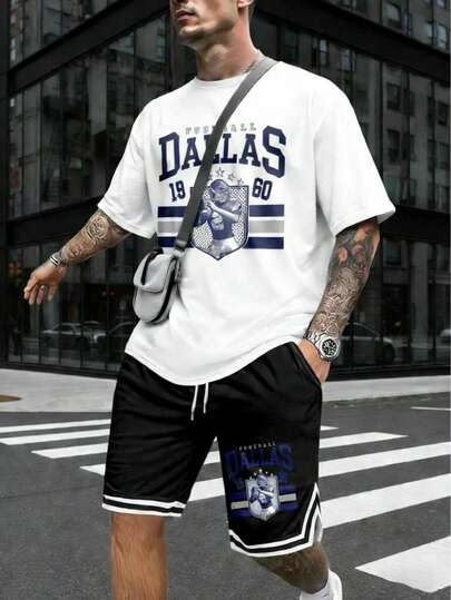 Men's Retro American Style Loose Fit Short Sleeve Shorts 2 Pieces Set