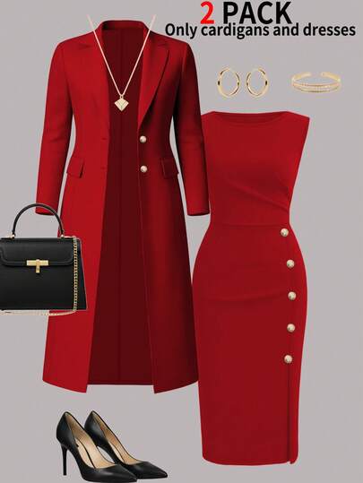 Women's Elegant 2-Piece Set, Solid Color Long Sleeve Cardigan Blazer Jacket + Sleeveless Button-Down Midi Dress, Autumn/Winter