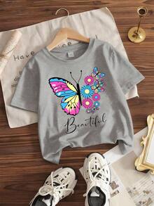 两件套女童蝴蝶印花短袖上衣和喇叭裤柔软休闲夏季套装 - 灰色 - 查看 4