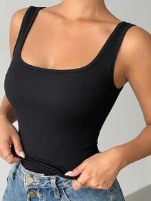 Women's Sexy Square Neck Sleeveless Tank Top - Basic Style Regular Fit, Spring/Summer - Black - View 1