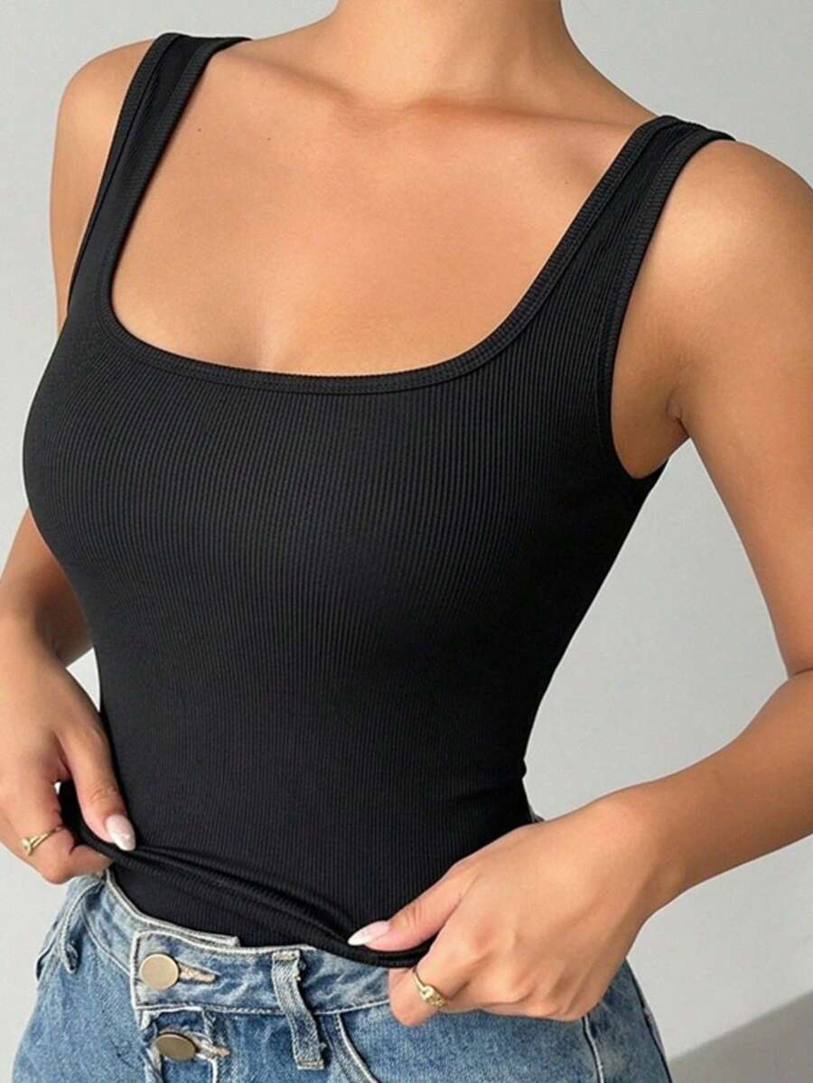 Women's Sexy Square Neck Sleeveless Tank Top - Basic Style Regular Fit, Spring/Summer - Black - View 1