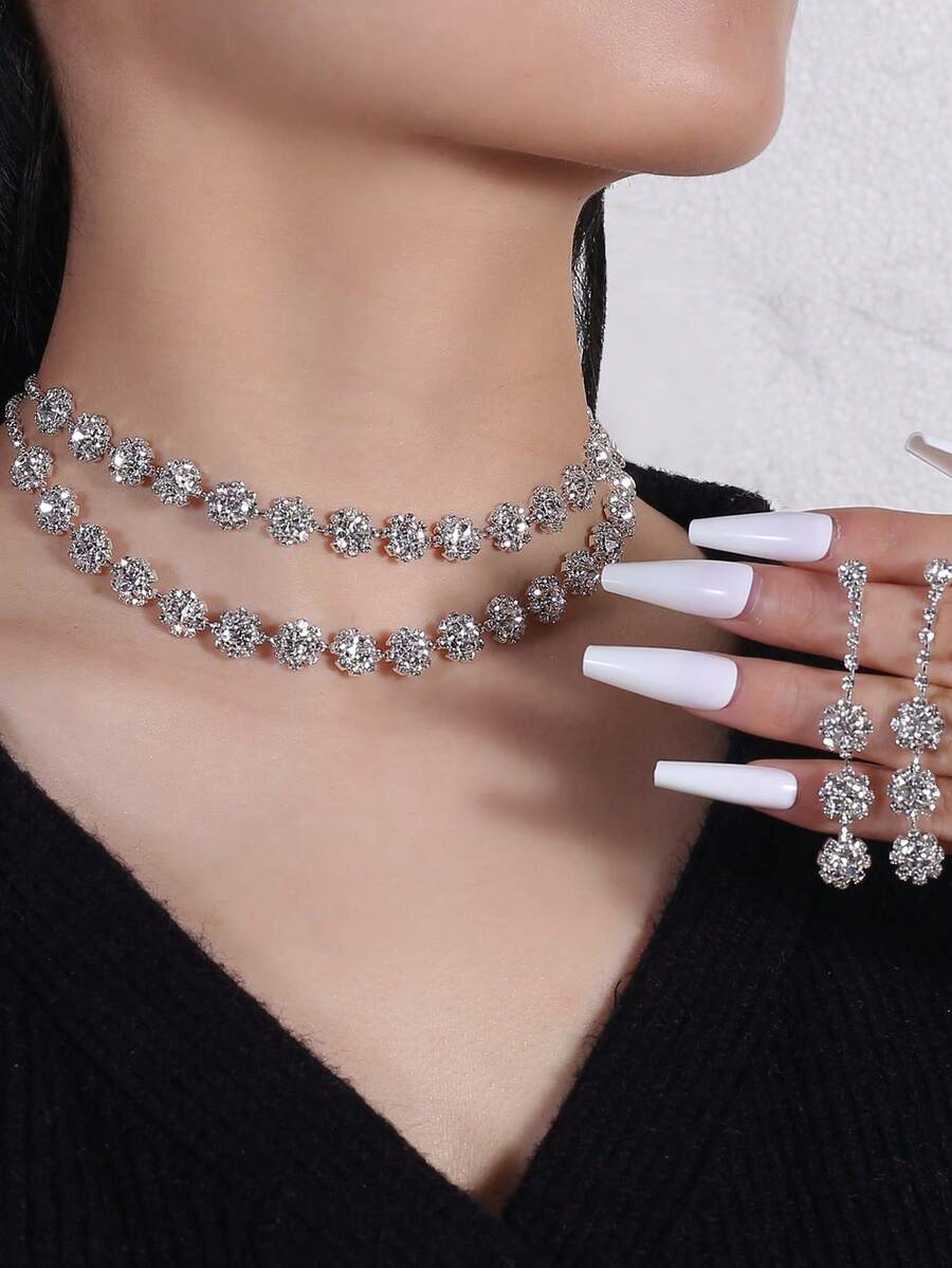 3pcs/Set Multi Row Circular Design Bridal Women's Fashionable Crystal Necklace Set, Sexy Jewelry Set Suitable For Banquets, Parties, And Dances.