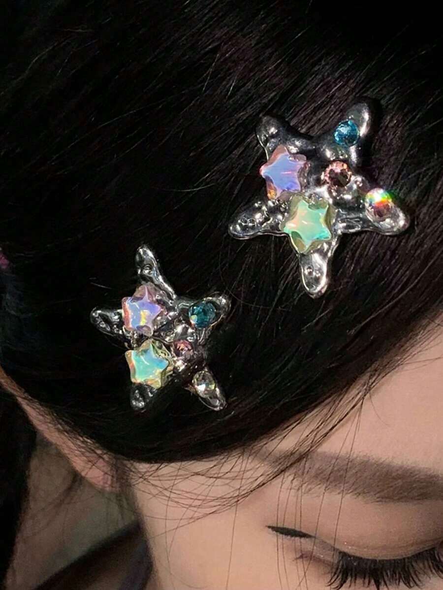 1pc Women's Y2K Style Colorful Crystal Star Alligator Hair Clip, Metal Hair Clip For Music Festival And Daily Use Street Claw Clips Hair Claws Hair Barrettes, School Stuff, Hair Accessories - 銀色 - 查看 1
