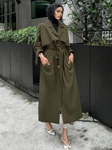 DAZY 休闲商务风格纯色长款风衣，秋季服装，返校服装女式夹克 - 軍綠色 - 查看 1