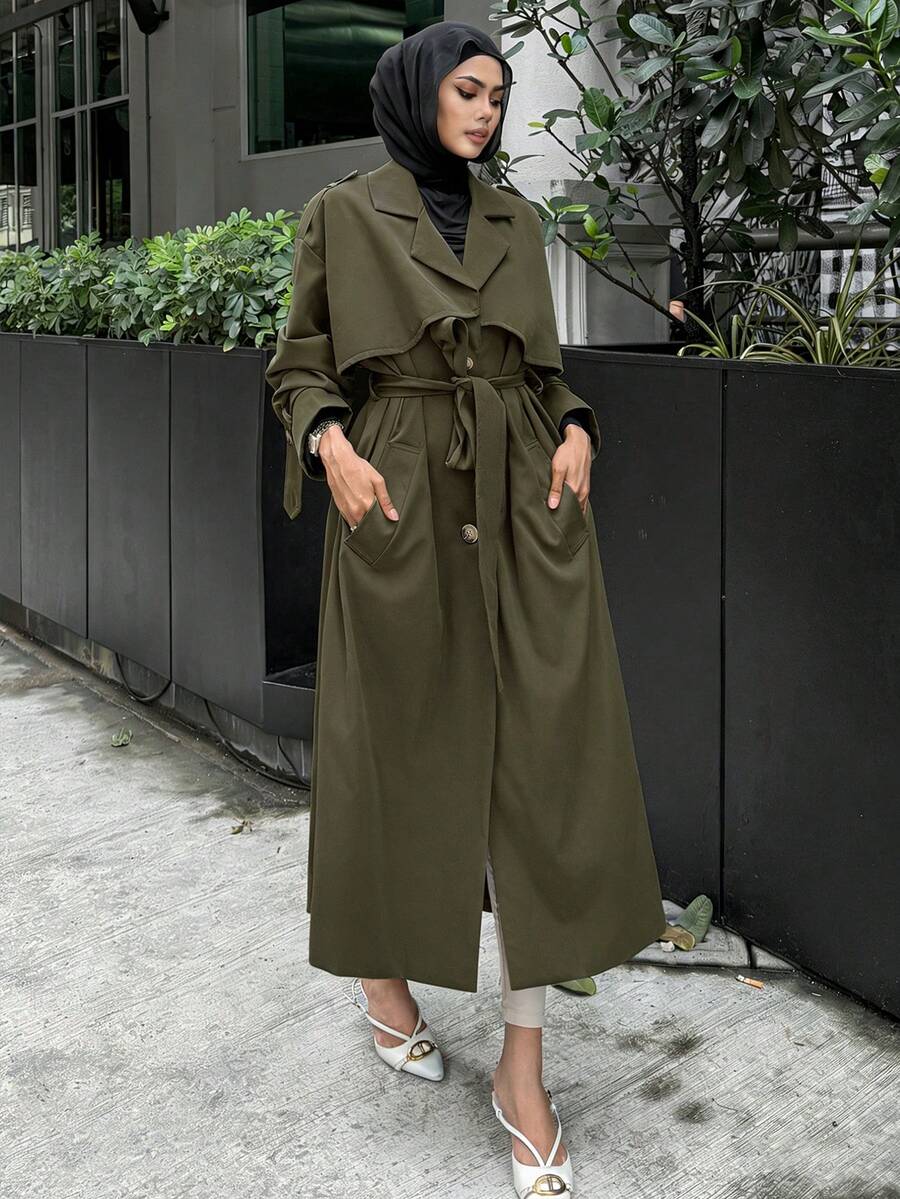 DAZY 休闲商务风格纯色长款风衣,秋季服装,返校服装女式夹克 - 軍綠色 - 查看 1