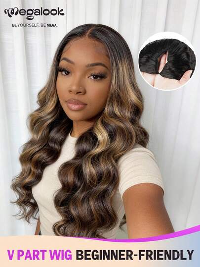 MEGALOOK 30inch Balayage Highlight Upgrade V Part Wig 100% Human Hair Body Wave No Leave Out No Glue Glueless Wig Brazilian Human Hair Wig Upgrade V Shape 180% Density Highlight Colored Wigs - Beginner Friendly Natural Looking Daily Use Office Ready Corpse Bride Halloween Vibes Party Style Y2K Baddie Vacation Outfits Outdoor Cosplay Campus School Holiday Christmas Part Wedding Festival Ready For Women
