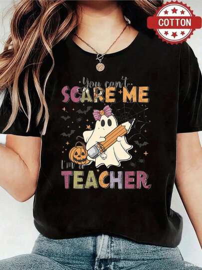 1pc blusas de mujer blusas bonitas para mujeres ropa de mujer conjuntos para mujer Imagen de Halloween camiseta de algodón negro y blanco de 180 g patrón de fantasma con calabaza y murciélagos impresión de alta calidad en algodón cuello redondo corte básico holgado para hombres y mujeres transpirable versátil lavable a máquina cómoda talla S ~ 3XL diaria casual deportes imprescindible para el verano