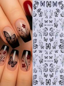 2PCS Black Flower Vine Designs Nail Stickers DIY Elegant Floral Butterfly Acrylic Nail Art Designs Self Adhesive Decals Manicure Nail Art Decoration Accessories For Women Girl - 黑色 - 查看 3