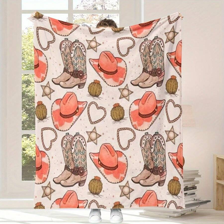 Retro Western Cowboy Theme, Cowboy Boots, Cowboy Hats, Cacti, Feather Design Patterns, Modern Home Style,Super Soft Flannel Printed Blanket,As Birthday Gifts, Family, Wedding, Souvenir Blankets, Polyester Blankets Suitable For All Seasons, Washable, Machine Washable, Lightweight, Breathable, Comfortable, Warm, Unique, 280gsm For Him, Her Personalized Ideal Gifts For Her, Him, Family, Boyfriend, Girlfriend, Father, Family, Mother, Lover, Daughter, Son, Grandfather, Grandmother, Teacher,Doctor, Nurse,Friend, Classmate, Pet.Perfect Nap, Camping, Travel, Home, Daily Life, Office Decoration, Birthday, Anniversary, Valentine's Day, Thanksgiving, Graduation Season,Christmas, Halloween, Mother's Day, Father's Day, Wedding, New Year Gifts ,Sofa,Bed,Car,Bedroom,Living Room,Office, Outdoor Camping, Beach,Wall Decoration - 多色17 - 查看 1