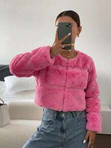 Chamarra corta para mujer de moda, peluche sintetico y vinipiel para uso casual en temporada de invierno - Rosa - Ver 2