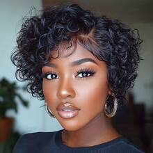 bling hair Parrucca Bob elegante stile pilota, realizzata al 100% in veri capelli, con riga laterale e design a onde d'acqua. Questa parrucca intrecciata brasiliana di colore 1B è perfetta per matrimoni, concerti, appuntamenti, Natale e carnevale. - 1B - Visualizzare 4