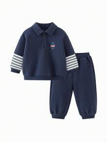 Bộ đồ trẻ em 2 món, áo nỉ giả nhiều lớp, chống xù lông, áo hoodie chui đầu và quần nỉ, bộ sưu tập Xuân 2026 - xanh đậm - Xem 3