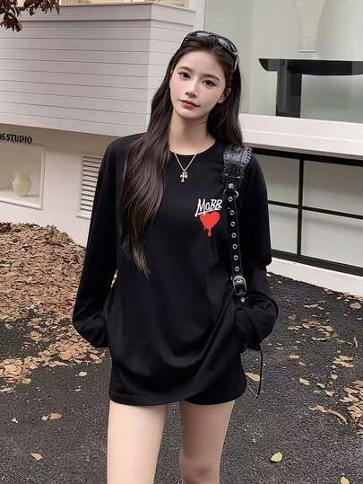 国内発送 秋新作 黒 ロンT レディース プリント 長袖Tシャツ ゆったり 韓国風トップス 秋服 y2k トップス 韓国 カジュアル オーバーサイズ