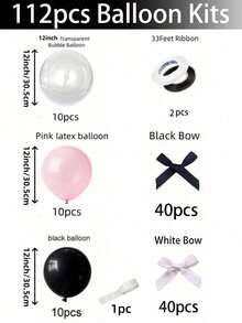 112件/套 - 黑粉蝴蝶结气球套装，包含透明泡泡气球、黑粉丝带和胶水，是生日派对、周年纪念等各种场合的必备装饰品，也适用于房间装饰、派对装饰、婚礼装饰、家庭聚会、单身派对、订婚、婚礼、毕业典礼、母亲节装饰等。 - 黑色 - 查看 7