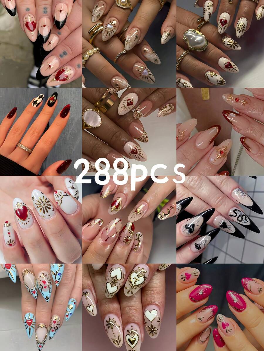 288pcs Heart, Moon, Star Combination Set, 3D Metallic Series, Suitable For Nail Salon DIY, Includes Red Hearts, Moons, Stars, Suns, French Tips, Rose Red Almond-Shaped Fake Nails, Suitable For Valentine's Day, Mother's Day, New Year, Can Be Paired With Various Element Series Sets, Detachable And Reusable Fake Nails - Multicolor - View 1