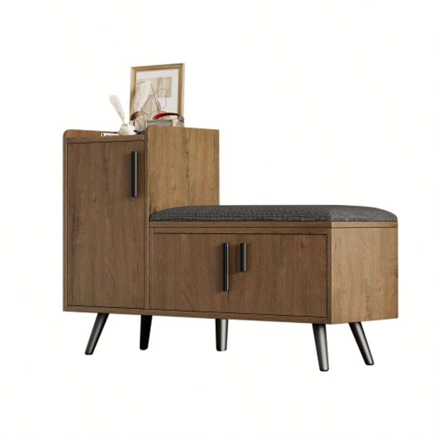 Modern Shoe Bench/Shoe Chest/Seat With Three Storage Doors, Asymmetrical Metal Handles And Multiple Storage Levels – Dimensions: W100/D34/H69 Cm - Warna alami - View 1