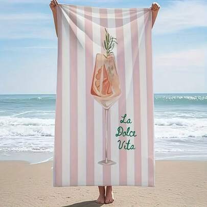 New Hot Selling Hot Selling Pink And White Striped Cocktail Pattern Beach Towel Light Retro Vacation Style Outdoor Seaside Leisure Absorbent Towel