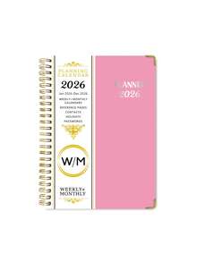 1/6本 2026 A5 螺旋笔记本，周计划本，月历和周历，粉色和金色包边，弹性封口，内袋，适合办公和学习，高容量优质加粗中性笔，1支商务办公圆珠笔，学生考试用黑色书写笔