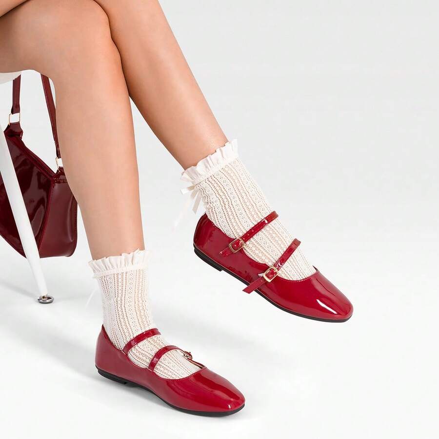 WEIDE zapatos mujer flats Flats Ballerina de charol con doble correa, Flats De Dama elegantes Flats Rojos y flats negros mujer, combinan con faldas y jeans, ideales para oficina, campus y salidas casuales, estilo Flats De Dama Elgantes y flexi flats