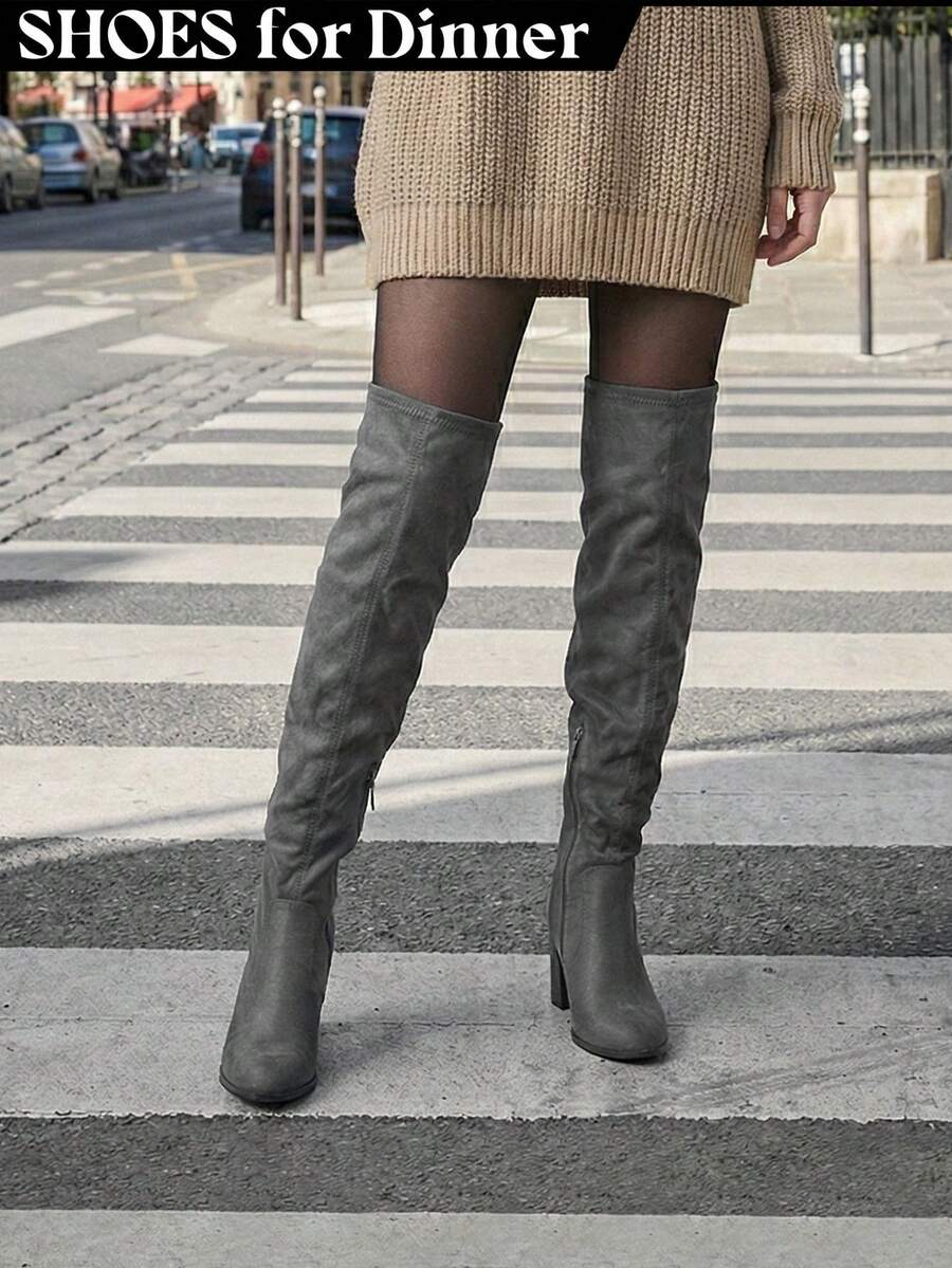 Grey Fashionable Autumn/Winter Over-The-Knee Suede Boots For Women, Elegant Pointed Toe Block Heel Tall Boots With Back Tie Slim Fit Sock Boots, European And American Style - 灰色 - 查看 1