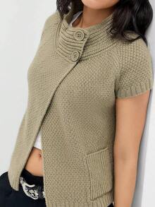 Womens Spring Summer Short Sleeve Cardigan Sweaters  Crew Neck Button Down Ribbed Knit Outwear Y2k Clothes - Verde - Ver 3
