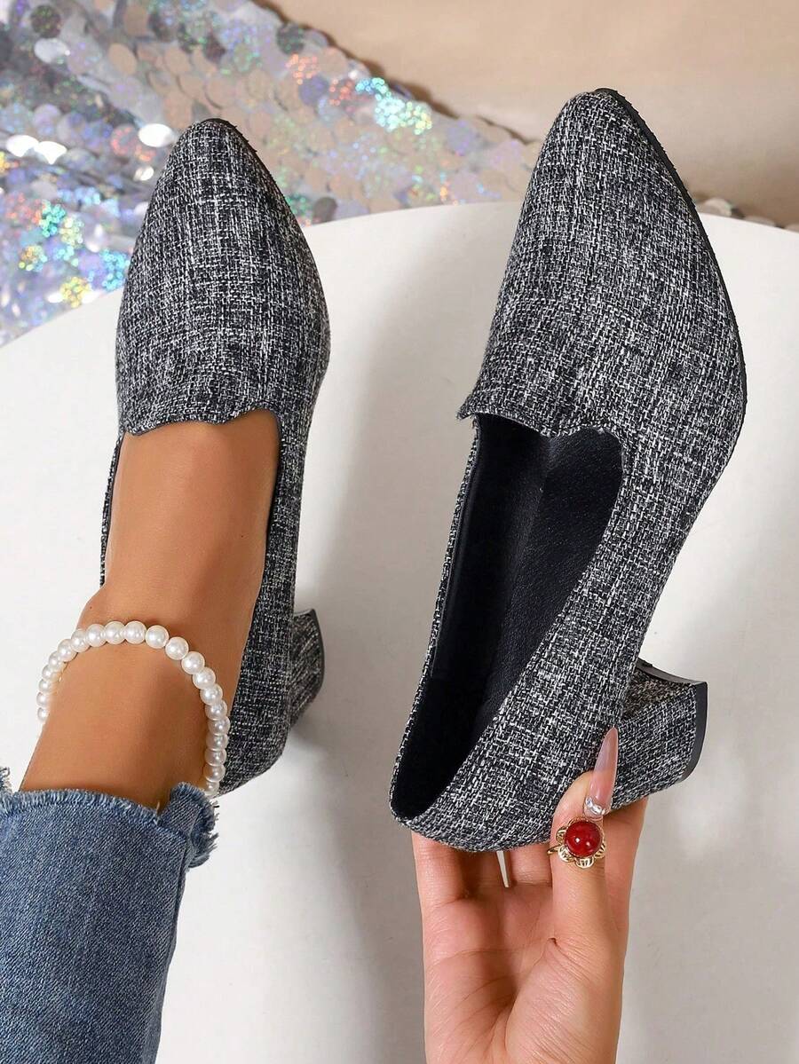 女士纯色高跟鞋，羊毛材质，优雅舒适，尖头套脚式时尚正式高跟鞋，中粗跟，适合所有季节，派对、婚礼等场合。 - 灰色 - 查看 1