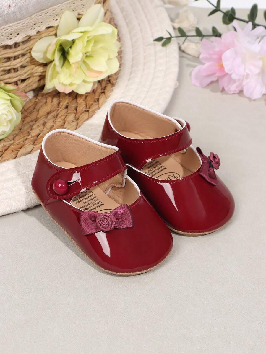 1 Pair Infant Girls' Bow Decor PU Flat Non-Slip First Walker Shoes, Mary Jane Princess Shoes Suitable For 0-1 Year Old, Spring/Autumn