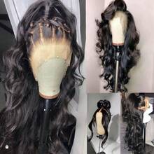 13x4/13x6高清透明蕾丝前假发，真人发混纺，自然波浪卷，34英寸 - 200%密度，预先拔毛，无需胶水，自然发际线，佩戴方便，柔软波浪纹理，透气蕾丝，完美贴合肌肤，打造逼真蓬松造型，适合日常、派对或约会 | 瞬间打造时尚造型必备 - 自然色&黑色系 - 查看 5