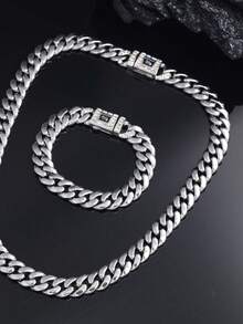 2pcs Black Cuban Link Chain Necklace And Bracelet Set, Men's Chain Necklace Hip Hop Jewelry Set, Fashion Rapper Jewelry, Perfect Gift For Boyfriend, Son And Dad - C - View 18