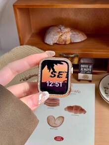 1 pieza Protector de pantalla de vidrio templado ultra delgado, resistente a arañazos y decorado con cristales de imitación de color oro rosa, compatible con Apple Watch 40/41/42/44/45/46/49mm, aplicable a Series Ultra/SE/10/9/8/7/6/5/4, accesorio de funda protectora para smartwatch - Oro rosa - Ver 5