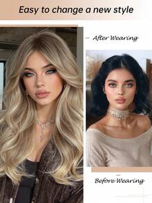 20-Inch Medium Length Ombre Golden Wig, Women's Curly With Bangs, Made Of Heat-Resistant Synthetic Fiber, Perfect For New Year And Everyday Parties - 金色 - 查看 2
