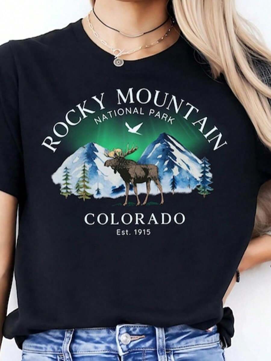 Rocky Mountain National Park T-Shirt Moose Hiking Shirt Colorado Estes Park Tee Hiking Camping - màu đen - Xem 1